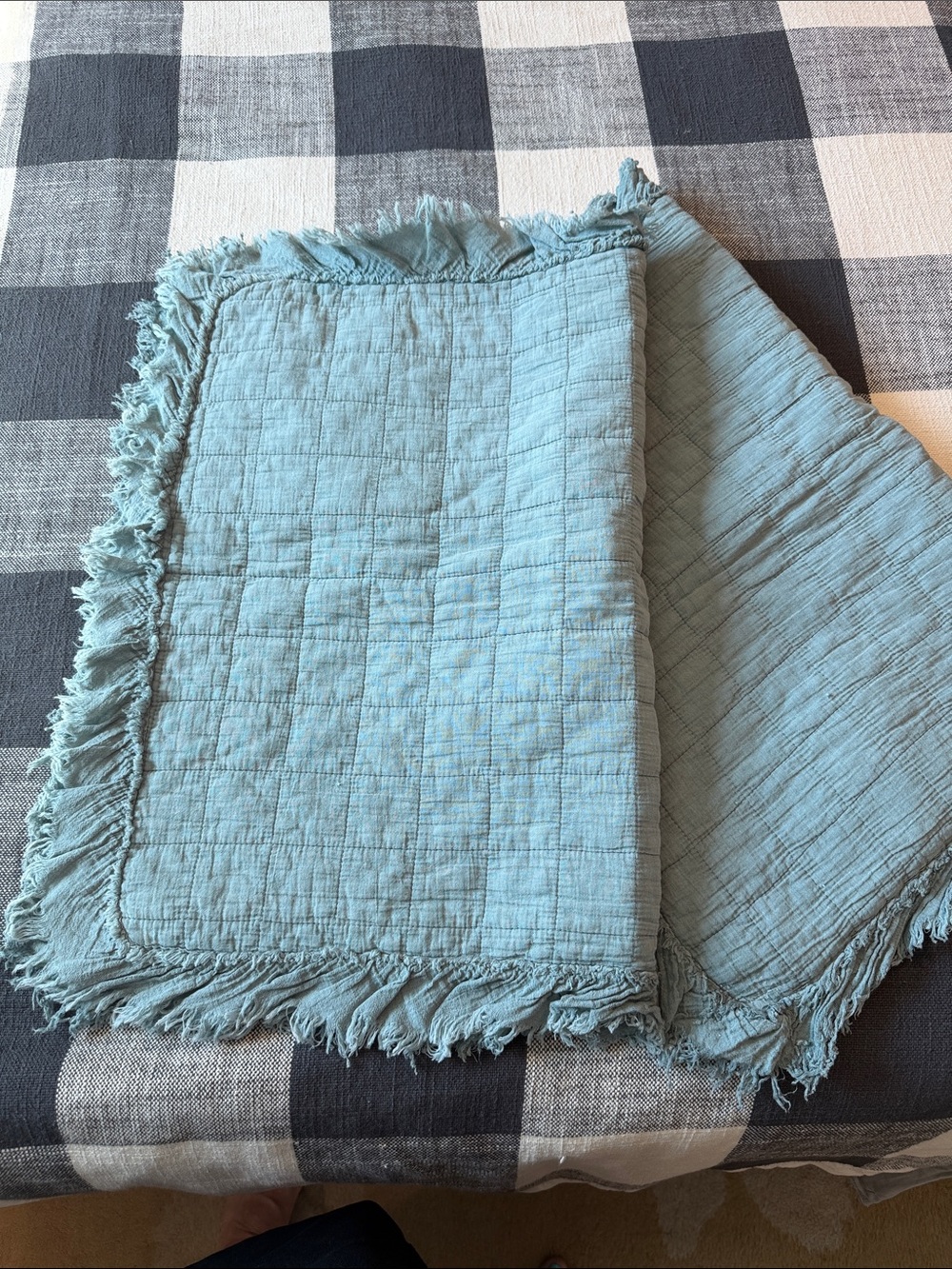 Shabby Chic Aqua Blue Gauze Cotton Throw with Fringe